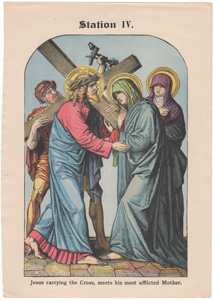 Jesus carrying the Cross, meets his most afflicted Mother
